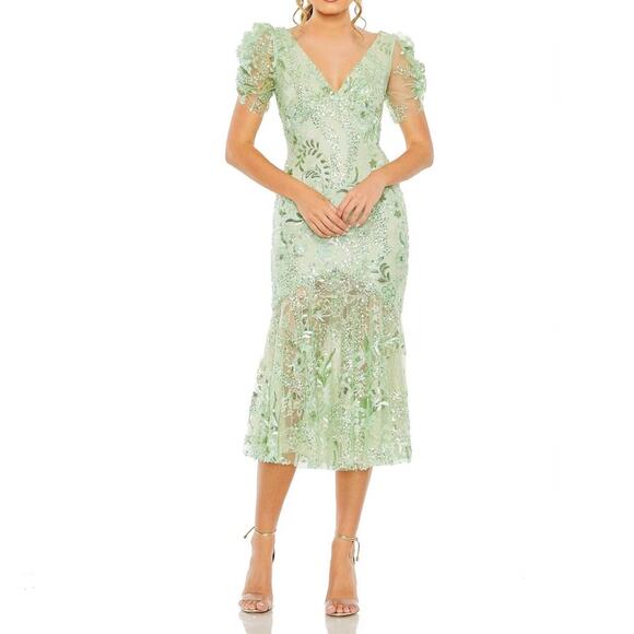 Mac Duggal Sheer Skirt Puff Sleeve Dress 68266 Mint Green Women’s Sz 6 NWT - Picture 1 of 7